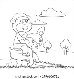 Vector illustration of happy cute bear riding cute deer. Childish design for kids activity colouring book or page.