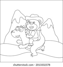 Vector illustration of happy cute bear riding cute dinosaurs. Childish design for kids activity colouring book or page.