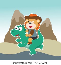Vector illustration of happy cute bear riding cute dinosaurs. Creative vector childish background for fabric, textile, nursery wallpaper, poster, card, brochure. and other decoration.