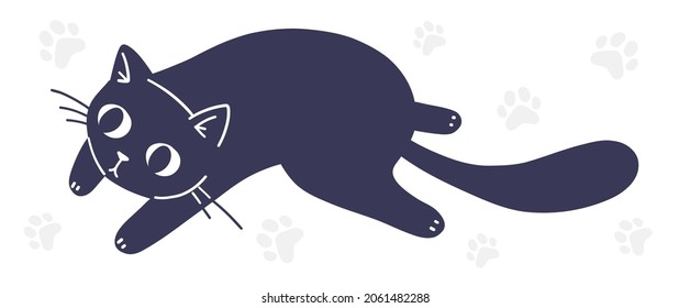 Vector illustration of happy cute black cat character on white color background. Flat line art style design of curved back animal cat for web, site, banner, poster, child card