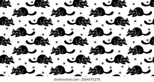 Vector illustration of happy cute black cat character on white color background. Flat line art style design of seamless pattern with animal cat for web, site, banner, poster, child card