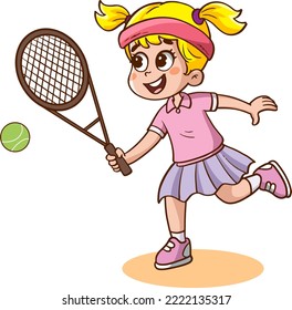 vector illustration of happy cute boy playing tennis