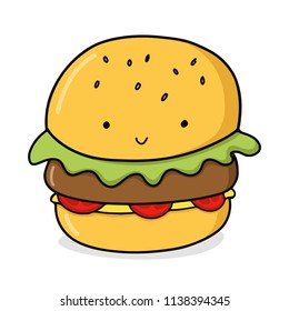 Vector illustration of happy cute burger. Cartoon character of a smiling hamburger in kawaii style.