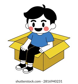 Vector illustration of a happy cute cartoon boy wearing a blue t-shirt sitting inside a yellow open cardboard box isolated on a white background, perfect for kids design, play, imagination, delivery, relocation, mascot, sticker, or book illustration.