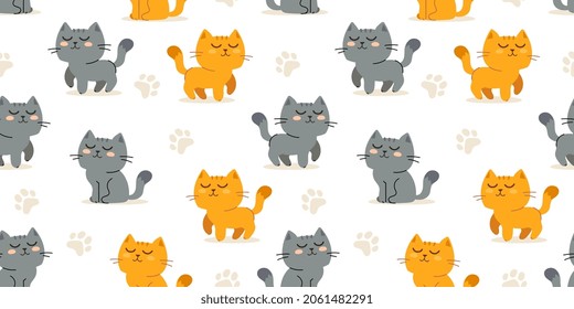 Vector illustration of happy cute cat character on white color background. Flat line art style design of seamless pattern with red and gray animal cat for web, site, banner, poster, child card