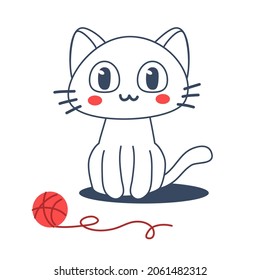 Vector illustration of happy cute cat character with ball of yarn on white color background. Flat line art style design of animal cat for web, site, banner, poster, child card