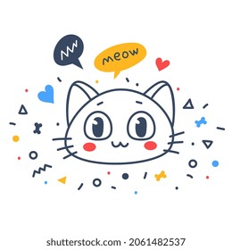 Vector illustration of happy cute cat character with speech bubble on white color background. Flat line art style design of animal cat for web, site, banner, poster, child card