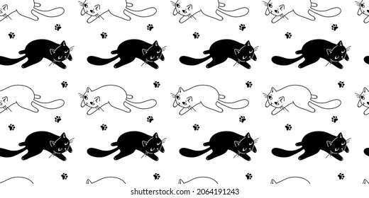 Vector illustration of happy cute cat character with curved back on white color background. Flat line art style design of seamless pattern with black and white animal cat for web, site, banner, poster