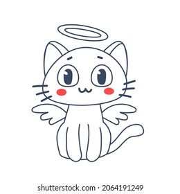 Vector illustration of happy cute cat character with halo over head and angel wings on white color background. Flat line art style design of animal cat for web, site, banner, poster, child card