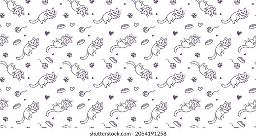 Vector illustration of happy cute cat character and ball of yarn on white color background. Flat line art style design of seamless pattern with lying animal cat for web, site, banner, poster, card