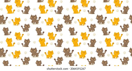 Vector illustration of happy cute cat character and paw print on white color background. Flat line art style design of seamless pattern with red and gray animal cat for web, site, banner, poster, card