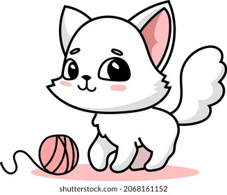 Vector illustration of happy cute cat character with ball of yarn on white color background. Flat line art style design of animal cat for web, site, banner, poster, child card