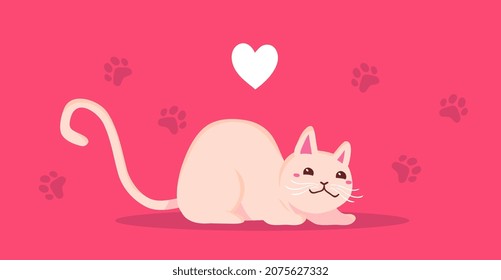 Vector illustration of happy cute cat character on pink color background with paw print and heart. Flat style design of sitting animal cat for web, site, banner, poster, child card