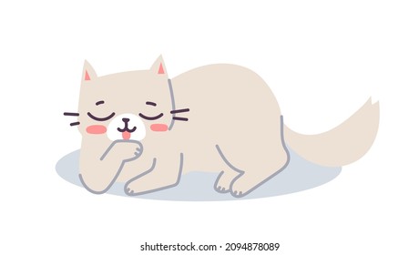 Vector illustration of happy cute cat character on white color background. Flat line art style design of cleaning animal cat for web, greeting card, banner