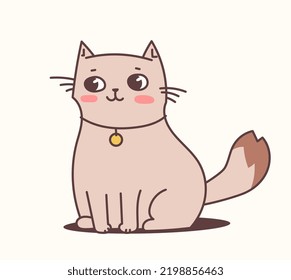 Vector illustration of happy cute cat character in collar on light color background. Flat line art style design of sitting animal cat for web, greeting card, banner