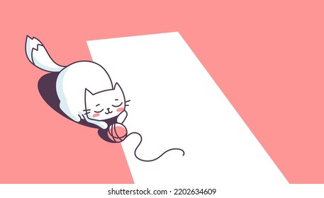 Vector illustration of happy cute cat character with red yarn ball on color background. Flat line art style design of playing animal cat for web, greeting card, banner