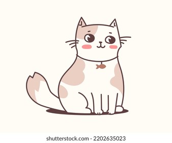 Vector illustration of happy cute cat character in collar with fish on light color background. Flat line art style design of sitting animal cat for web, greeting card, banner