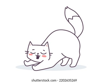 Vector Illustration Of Happy Cute Cat Character On White Color Background. Flat Line Art Style Design Of Cute Yawning Animal Cat For Web, Greeting Card, Banner