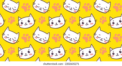 Vector illustration of happy cute cat character with paw print on yellow color background. Flat line art style design of seamless pattern with animal cat for web, site, banner, poster, child card