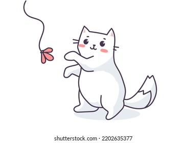 Vector illustration of happy cute cat character on white color background. Flat line art style design of playing animal cat for web, greeting card, banner