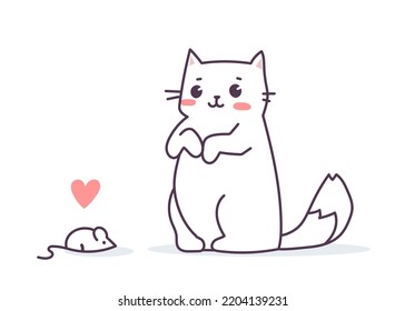 Vector illustration of happy cute cat character on white color background with mouse. Flat line art style design of lovely animal cat for web, greeting card, banner