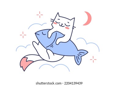 Vector illustration of happy cute cat character sleeping with fish on white color background. Flat line art style design of animal cat and fish for web, site, banner, poster, sticker