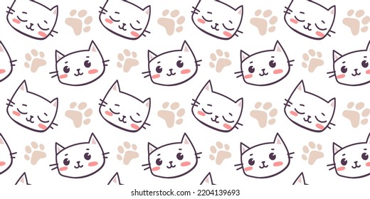 Vector illustration of happy cute cat character with paw print on white color background. Flat line art style design of seamless pattern with animal cat face for web, site, banner, poster, child card