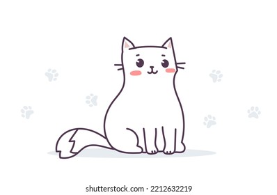 Vector illustration of happy cute cat character on white color background with paw print. Flat line art style design of sitting animal cat for web, greeting card, banner