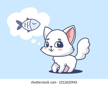 Vector illustration of happy cute cat character with fish on blue color background. Flat line art style design of animal cat for web, site, banner, poster, sticker