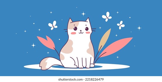 Vector illustration of happy cute cat character with flower on blue color background. Flat line art style design of sitting animal cat for web, greeting card, banner