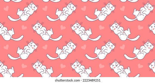 Vector illustration of happy cute cat character on red color background with heart. Flat line art style design of seamless pattern with sleeping and lying animal cat for web, site, banner, poster
