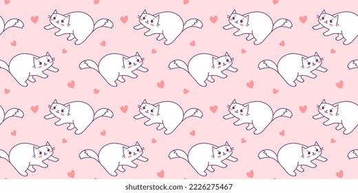 Vector illustration of happy cute cat character and heart on pink color background. Flat line art style design of seamless pattern with cute animal cat for web, greeting card, banner