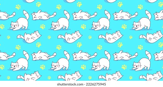 Vector illustration of happy cute cat character on blue color background. Flat line art style design of seamless pattern with different cute animal cat and paw print for web, greeting card, banner