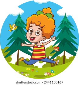 Vector illustration of happy cute children jumping on the grass on a sunny day