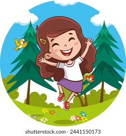 Vector illustration of happy cute children jumping on the grass on a sunny day