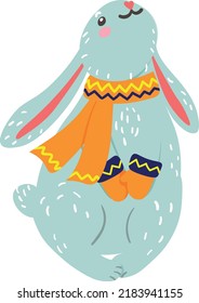 Vector illustration of happy cute Christmas rabbit in winter scarf. Cute rabbit - symbol of 2023