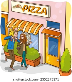 ilustración vectorial de la linda familia feliz saliendo a comer pizza