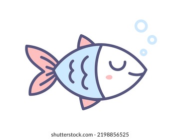 Vector illustration of happy cute fish with bubble on white color background. Flat line art style design of animal fish for web, site, banner, poster, sticker