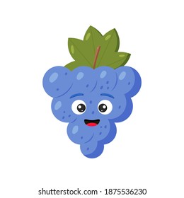 Vector illustration. Happy cute grape for kids in cartoon style isolated on white background. Funny character fruit.