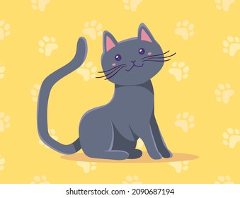 Vector illustration of happy cute gray sitting cat character on yellow color background with shadow. Flat style design of animal cat for web, site, banner, poster, child card