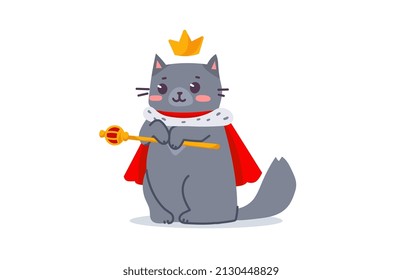 Vector illustration of happy cute gray cat character with crown and scepter on white color background. Flat line art style design of standing king animal cat for web, greeting card, banner