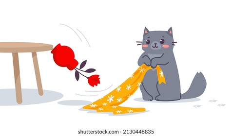 Vector Illustration Of Happy Cute Gray Cat Character Hold Fabric Cloth Near Table And Falling Vase With Flower On White Color Background. Flat Line Art Style Design Of Standing Playful Animal Cat