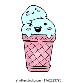 Vector illustration of happy cute ice cream. Hand drawn doodle with ice cream: cup ice cream. Sketch style vector illustration for cafe menu, card, birthday card decoration