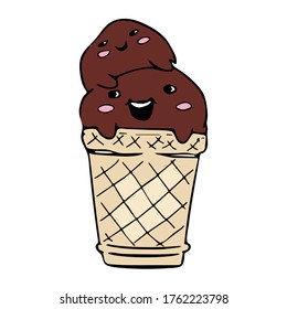 Vector illustration of happy cute ice cream. Hand drawn doodle with ice cream: cup ice cream. Sketch style vector illustration for cafe menu, card, birthday card decoration