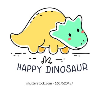 Vector illustration of happy cute kid dinosaur triceratops character on white background. Flat doddle line art style design of dinosaur for web, site, poster, banner, print, sticker
