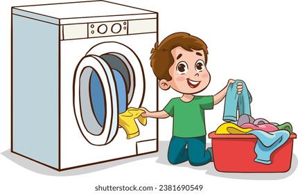 vector illustration of happy cute kid do laundry with washing machine