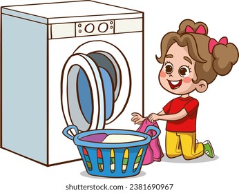 vector illustration of happy cute kid do laundry with washing machine