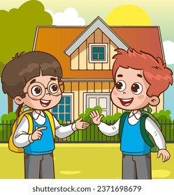 vector illustration of happy cute kids student talking