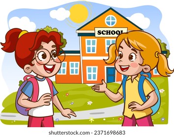 vector illustration of happy cute kids student talking