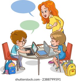 vector illustration of happy cute kids boy and girl working on the computer at the table